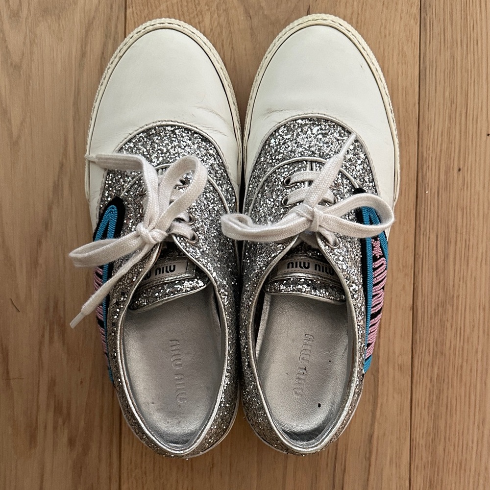 Miu Miu Glitter Sneakers - Silver, White, and Blue